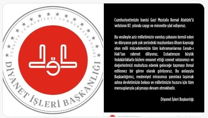Diyanet İşleri Başkanlığı'ndan 10 Kasım Mesajı