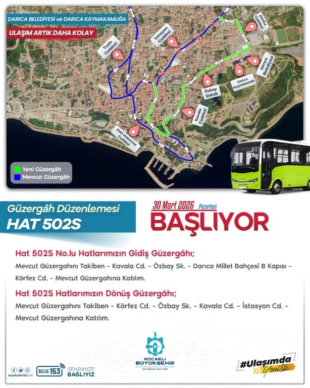 Darıca'da toplu taşıma güzergahları değişti