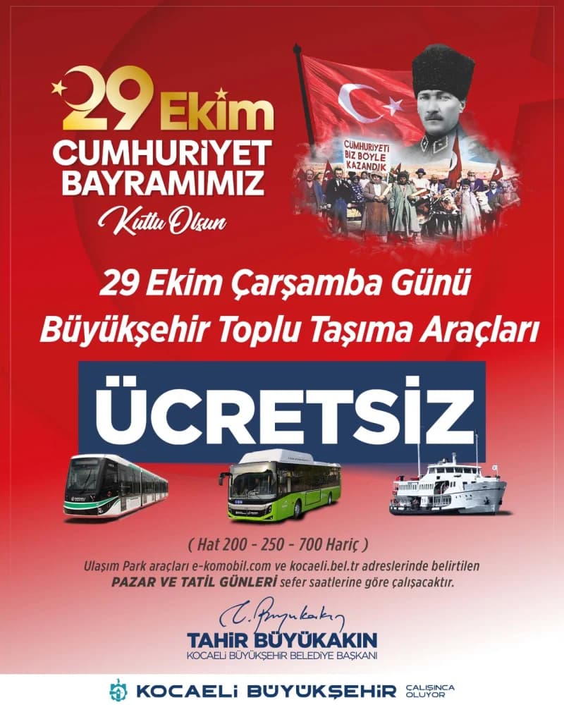 Kocaeli'de 29 Ekim'de ulaşım ücretsiz!