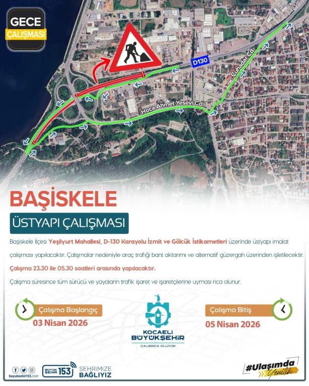 Başiskele Kavşağı'nda gece mesaisi: Trafikte dikkat!
